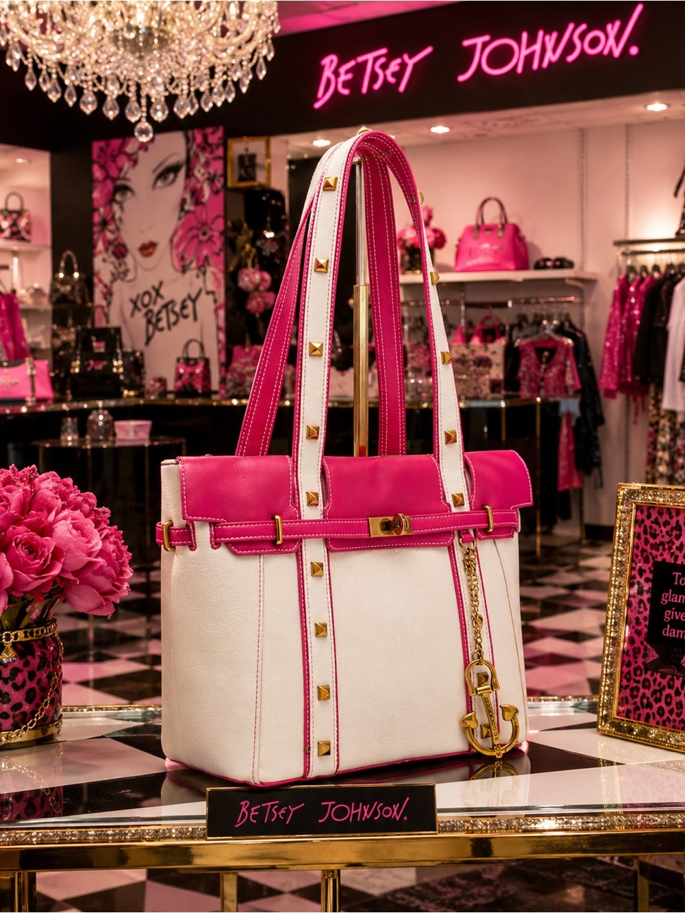 Betsey Johnson Cream Tote with Hot Pink Trim and Gold Studs